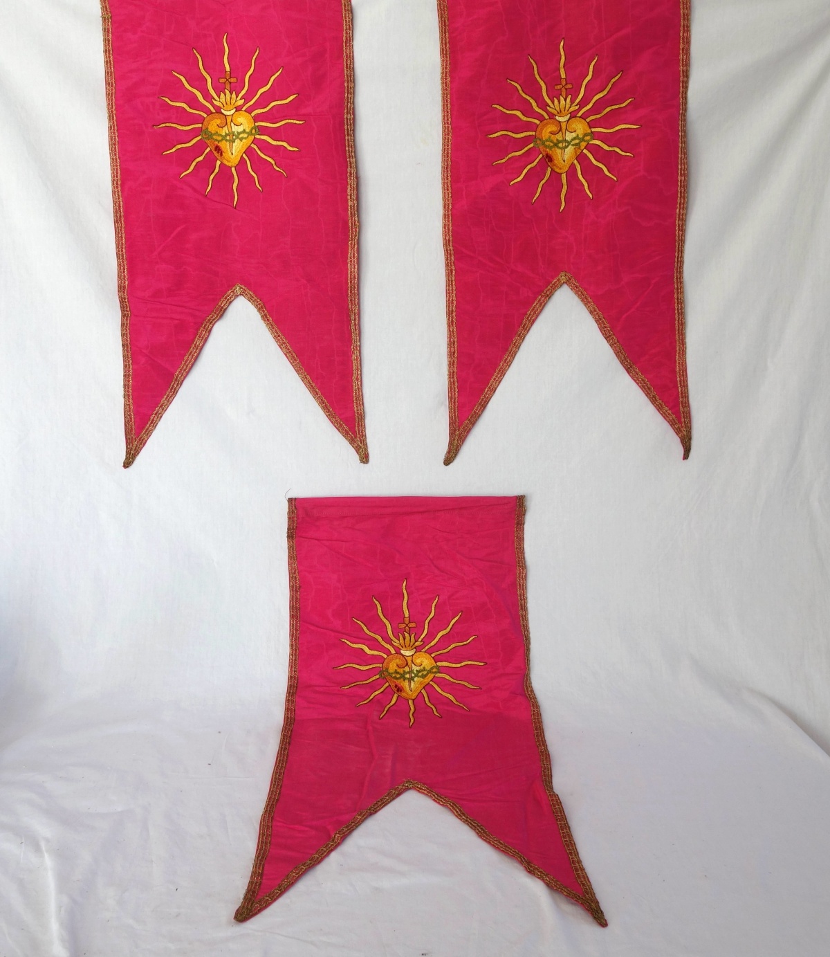 Detail — Set of 3 pink silk banners, the Sacred Heart embroidered