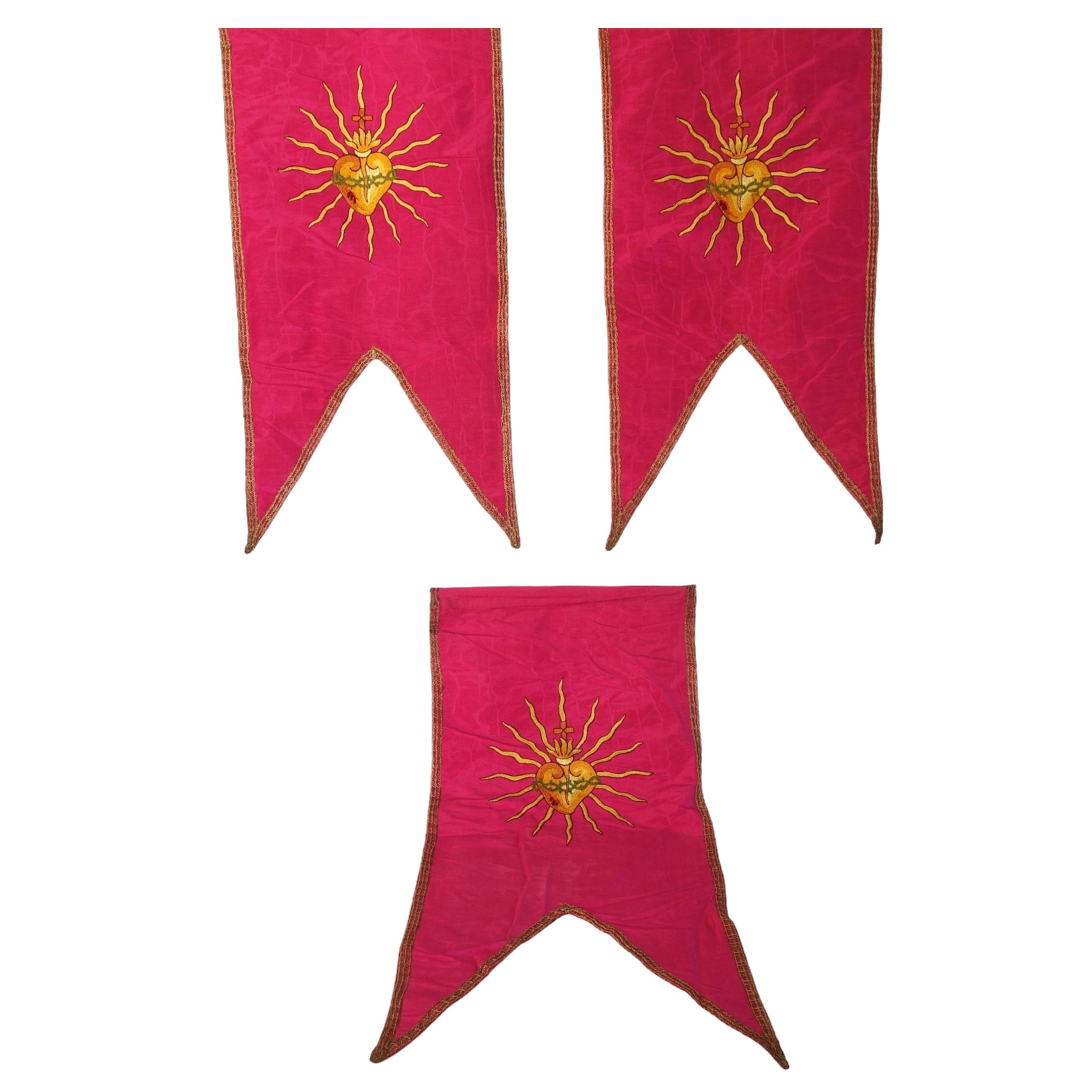 Set of 3 pink silk banners, the Sacred Heart embroidered