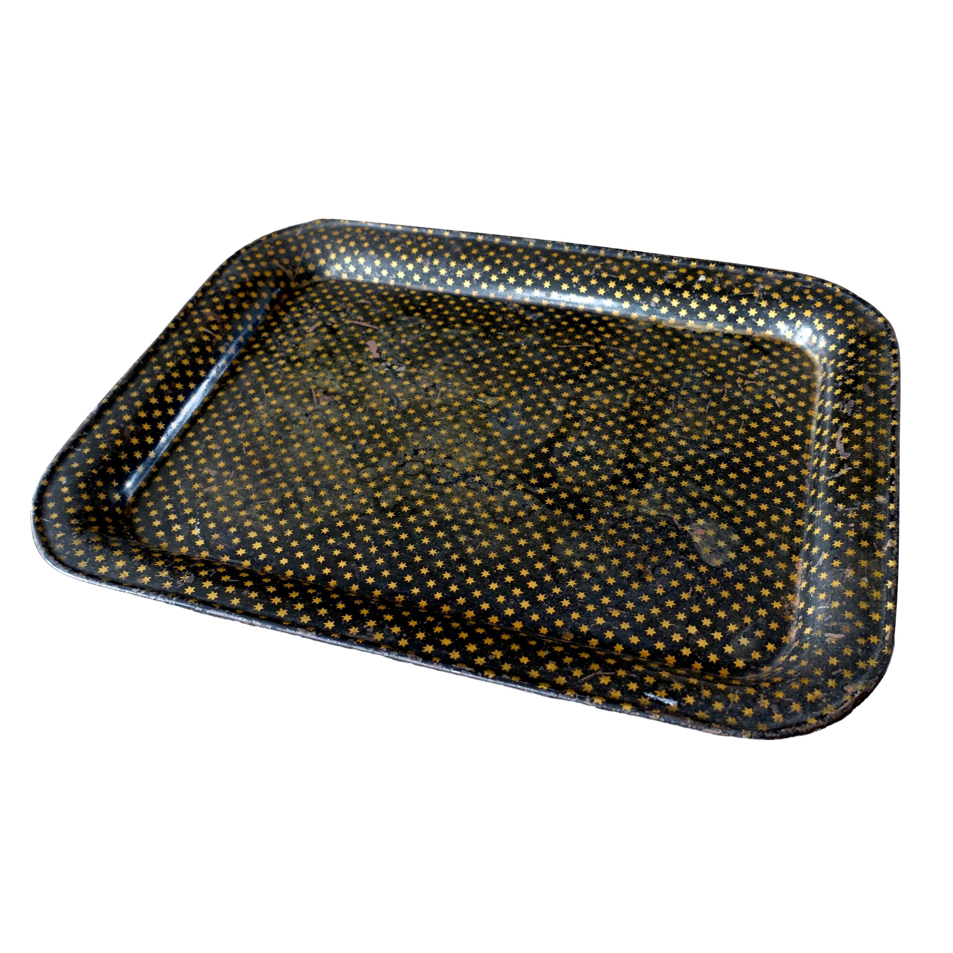 Large Napoleon III lacquered black sheet metal tray, gilt stars patterns - 55cm x 42cm