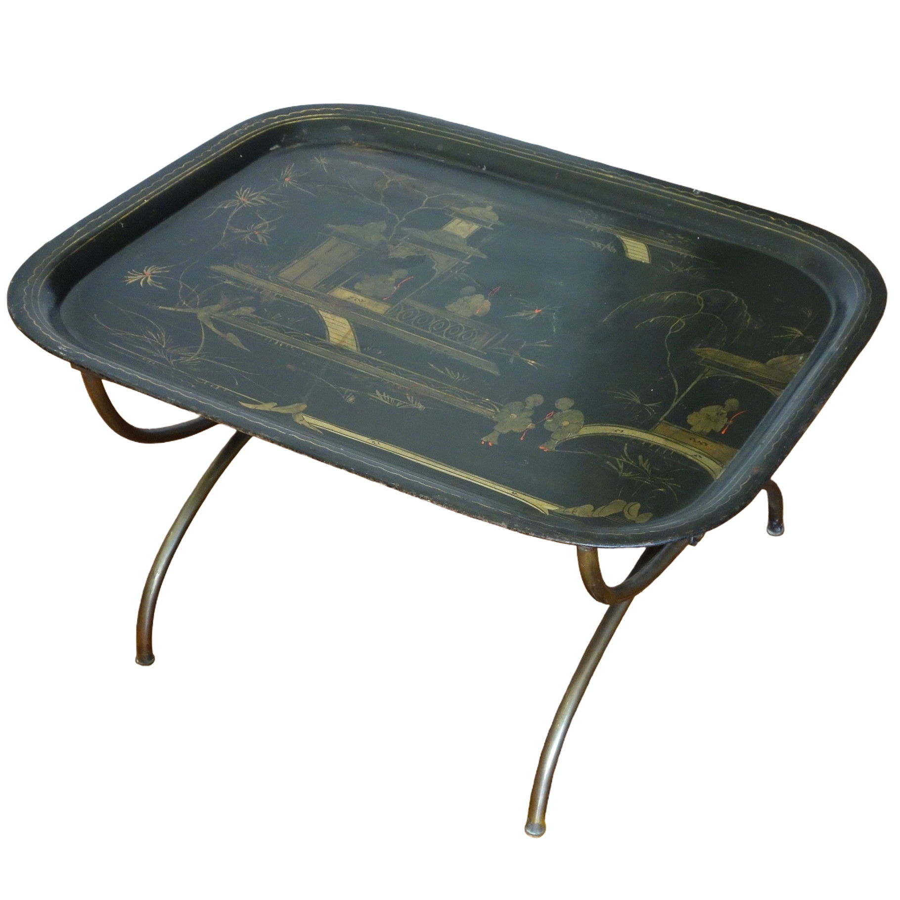Grand plateau Napoléon III, tôle laquée de chinoiseries, monté table basse Madeleine Castaing