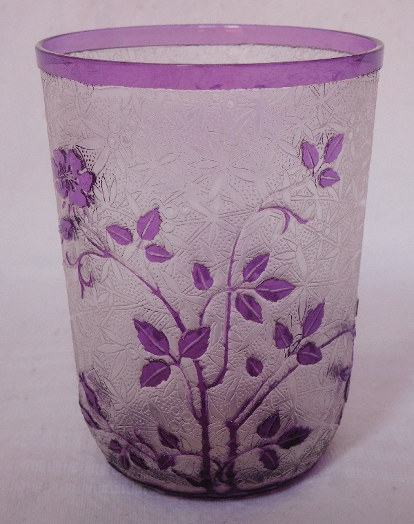 Detail — Baccarat crystal tooth glass, Eglantier pattern, purple overlay crystal