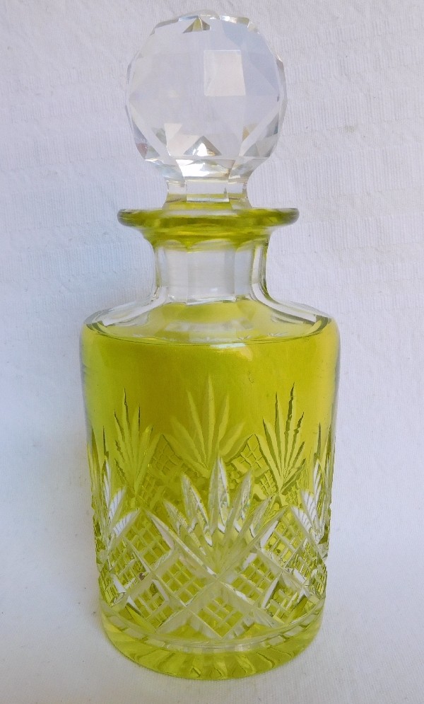Detail — Antique French Baccarat crystal perfume bottle, light green overlay crystal, Douai pattern