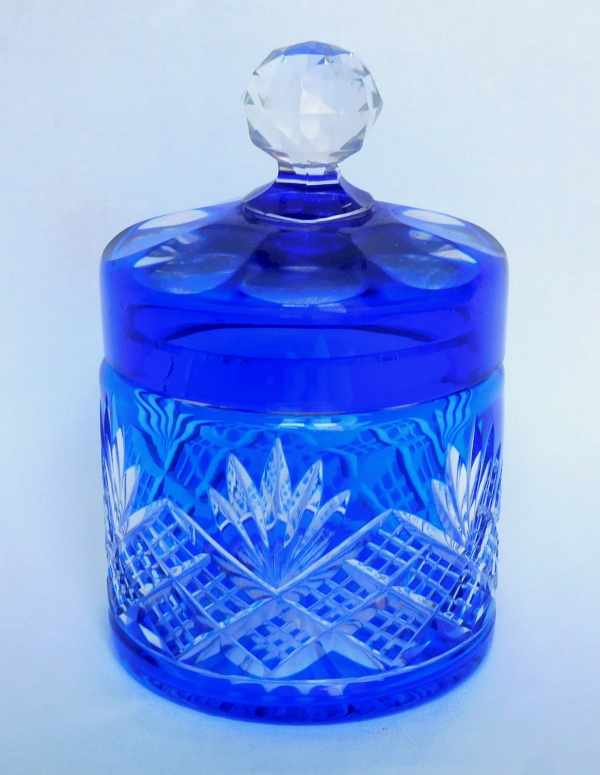 Detail — Antique French Baccarat crystal powder box, cobalt blue crystal, Douai pattern
