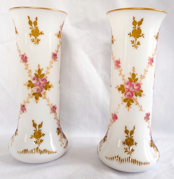 Detail — Pair of St Louis crystal vases, white hand-painted and gilt opaline crystal - paper sticker
