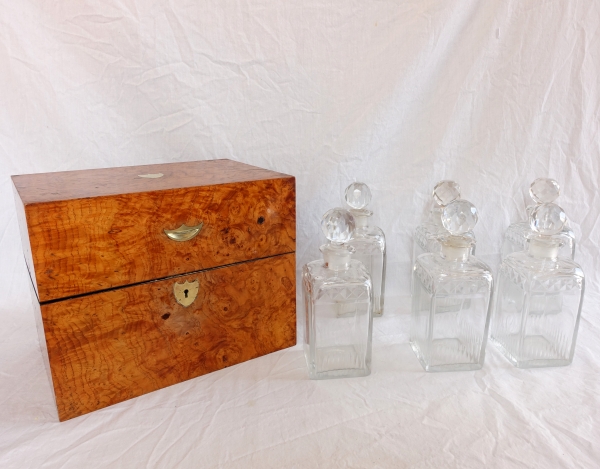 Detail — Empire Le Creusot crystal liquor set, original burr wood box - early 19th century