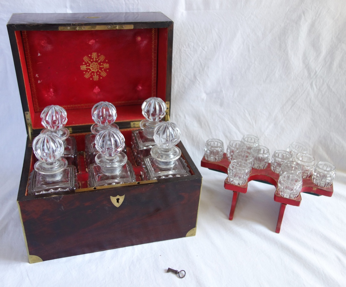 Detail — Empire liquor set, mahogany and Le Creusot crystal, early 19th century