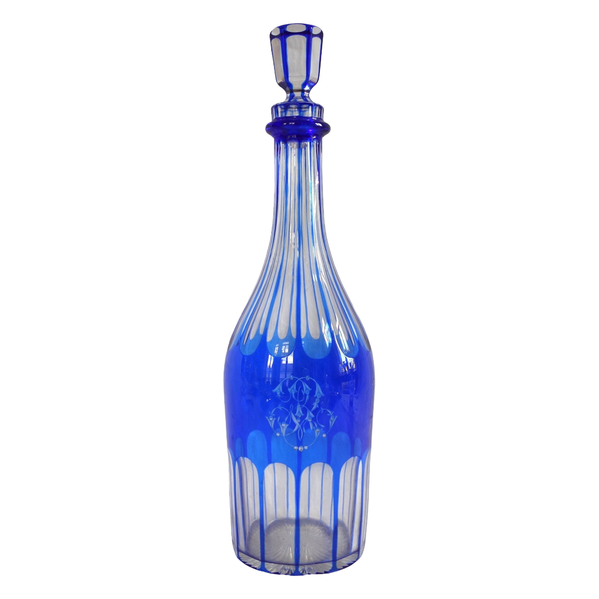 Carafe de fantaisie forme bouteille en cristal de Baccarat overlay bleu cobalt - monogramme