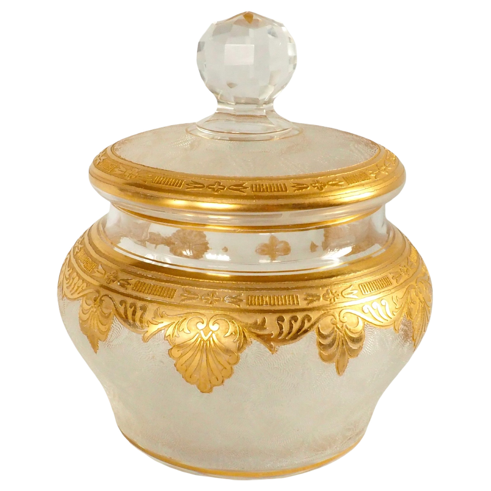 St Louis crystal sugar pot, Empire style, Nelly pattern enhanced with fine gold