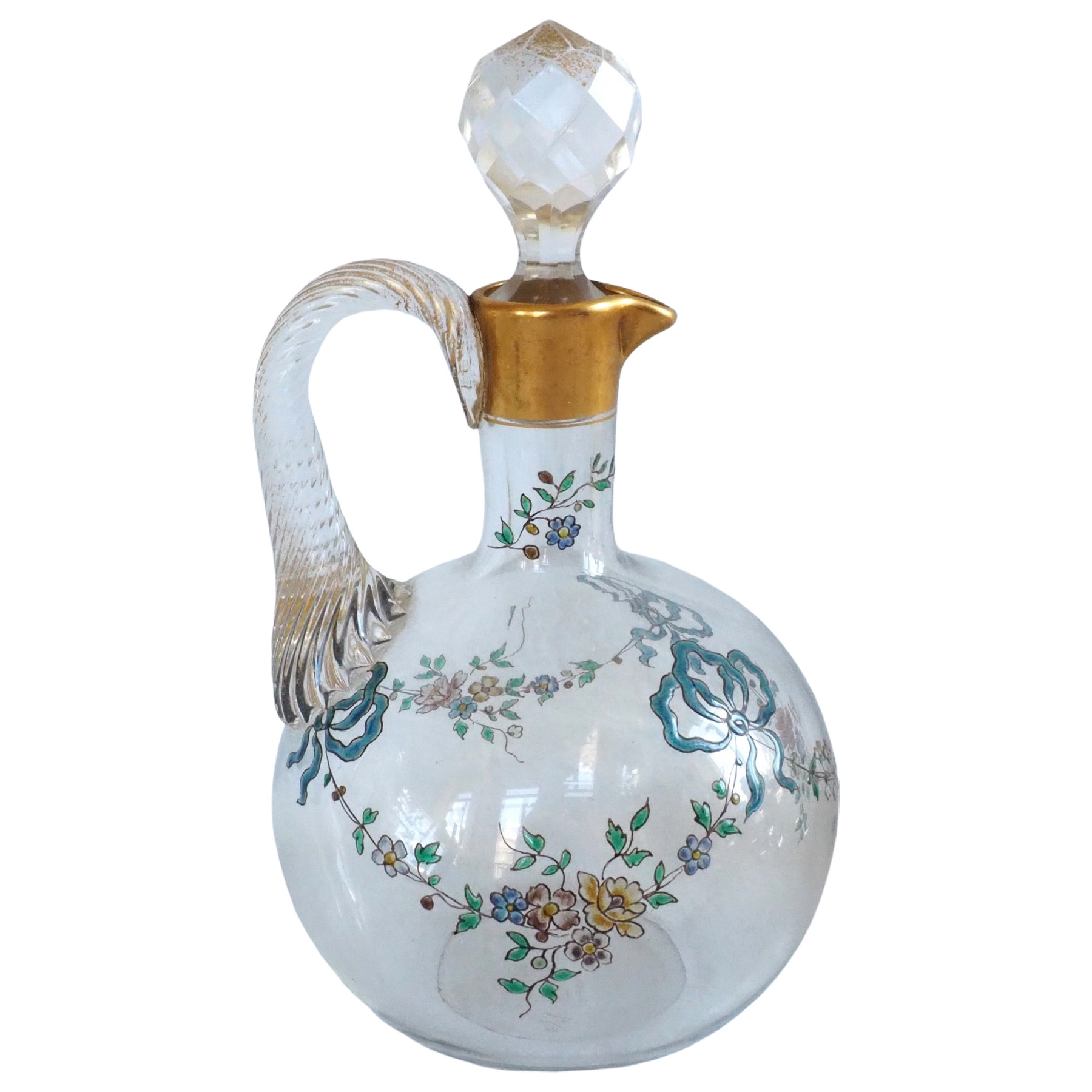Baccarat crystal liquor bottle, Louis XVI enamelled pattern and fine gold