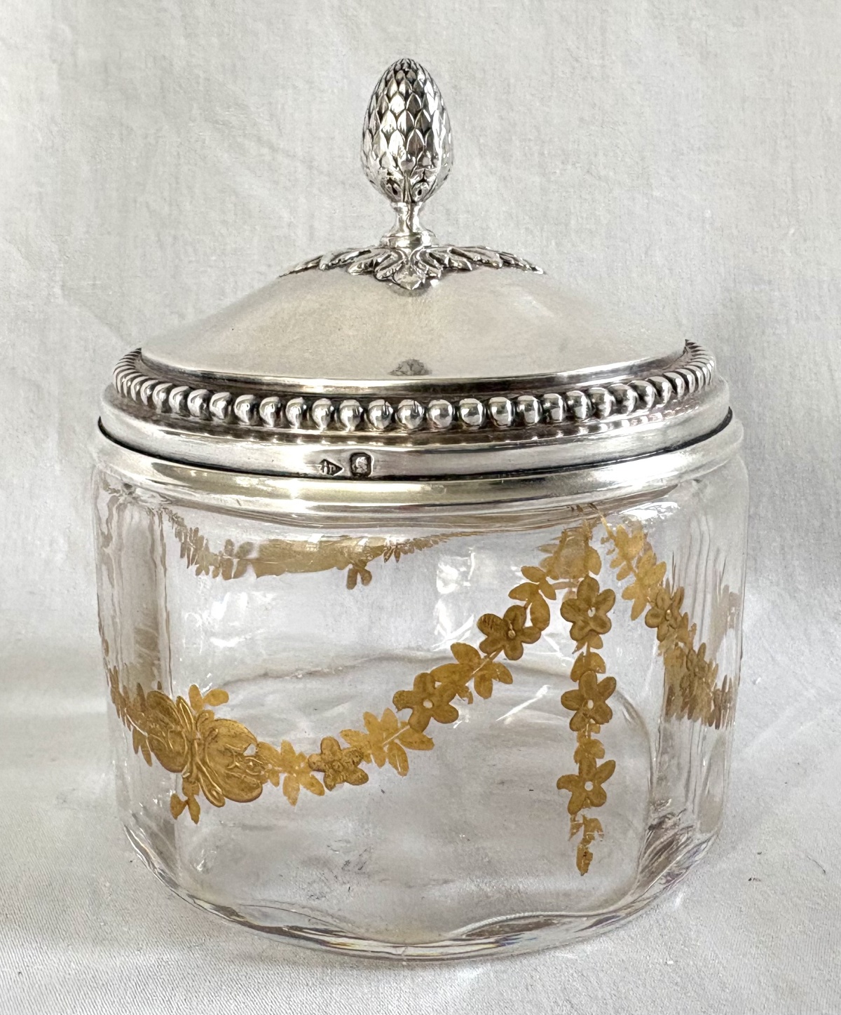 Detail — Baccarat crystal Louis XVI style box, sterling silver lid by Puiforcat