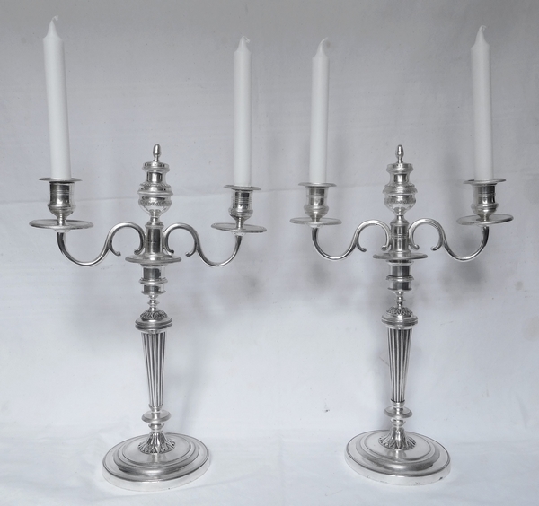 Detail — Pair of silver plate bronze candelabras, Fontainbleau candlesticks pattern - early 19th century