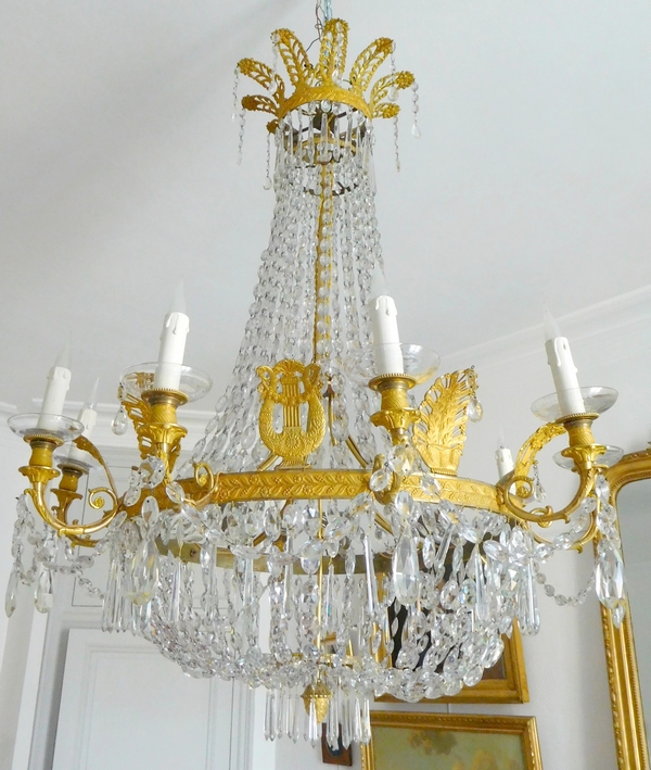 Détail — Grand lustre corbeille en cristal et bronze doré au mercure, époque Empire, 10 lumières