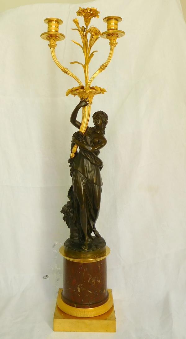 Detail — Francois Remond : tall ormolu and patinated bronze candelabra featuring nymph Flora, late 18th century