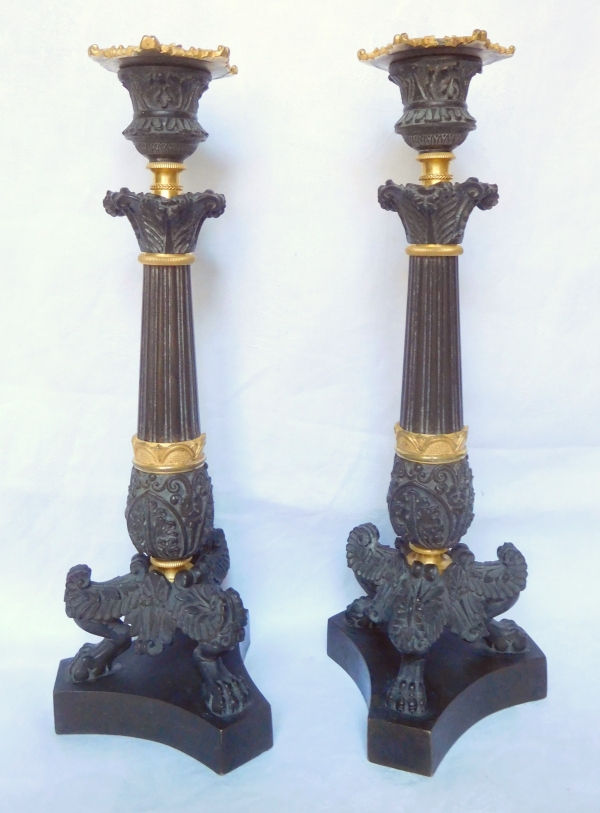 Detail — Pair of tripod ormolu and patinated bronze candlesticks, Empire style, early 19th century