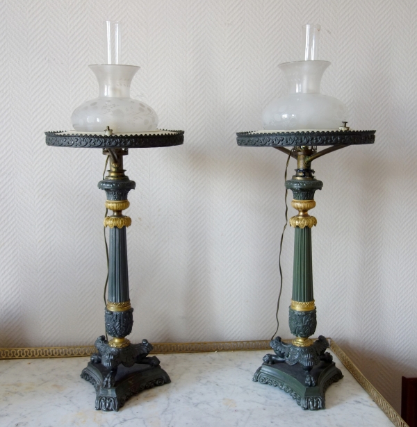Detail — Pair of patinated bronze and ormolu Carcel lamps, early 19th century circa 1830