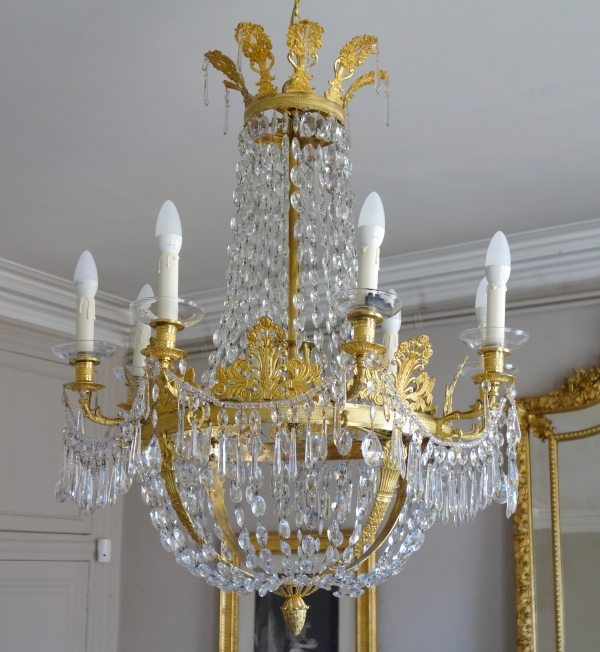 Détail — Grand lustre corbeille en cristal et bronze doré au mercure, époque Empire, 8 feux