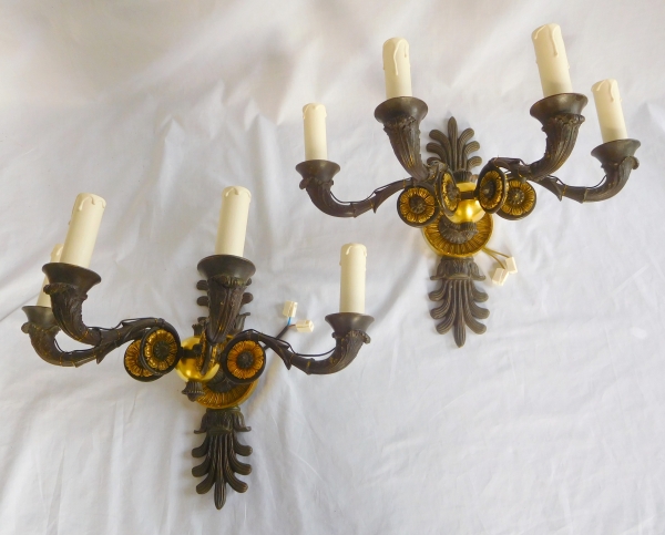 Détail — Paire d'appliques Empire en bronze patiné et doré d'époque Restauration