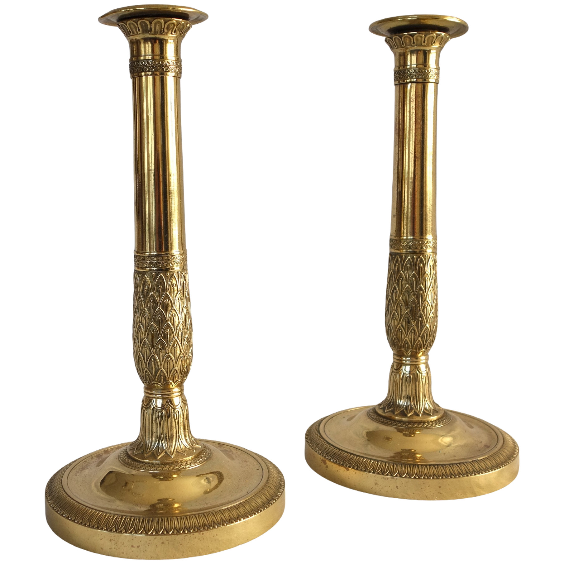 Paire de flambeaux / bougeoirs en canon d’époque Empire Restauration en bronze ciselé - 27,5cm