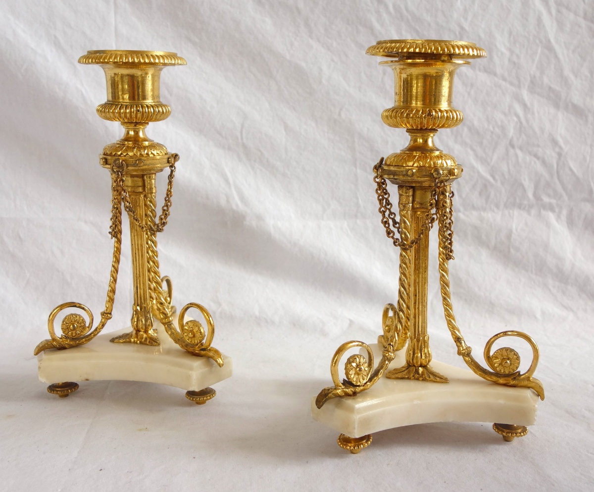 Detail — Pair of tripod marble and ormolu Louis XVI style candlesticks