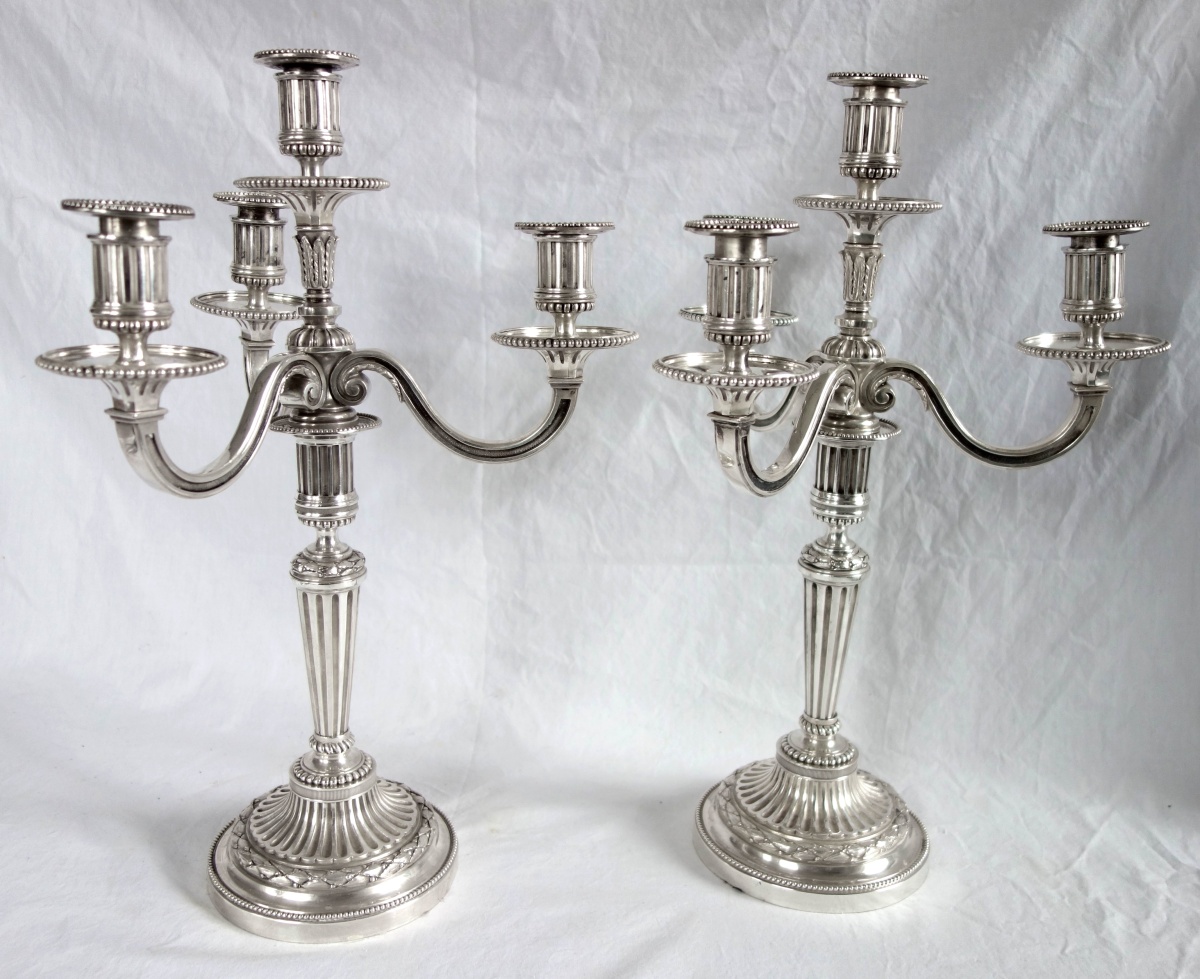 Detail — Pair of tall Louis XVI style silverplate bronze 4-lights candelabras
