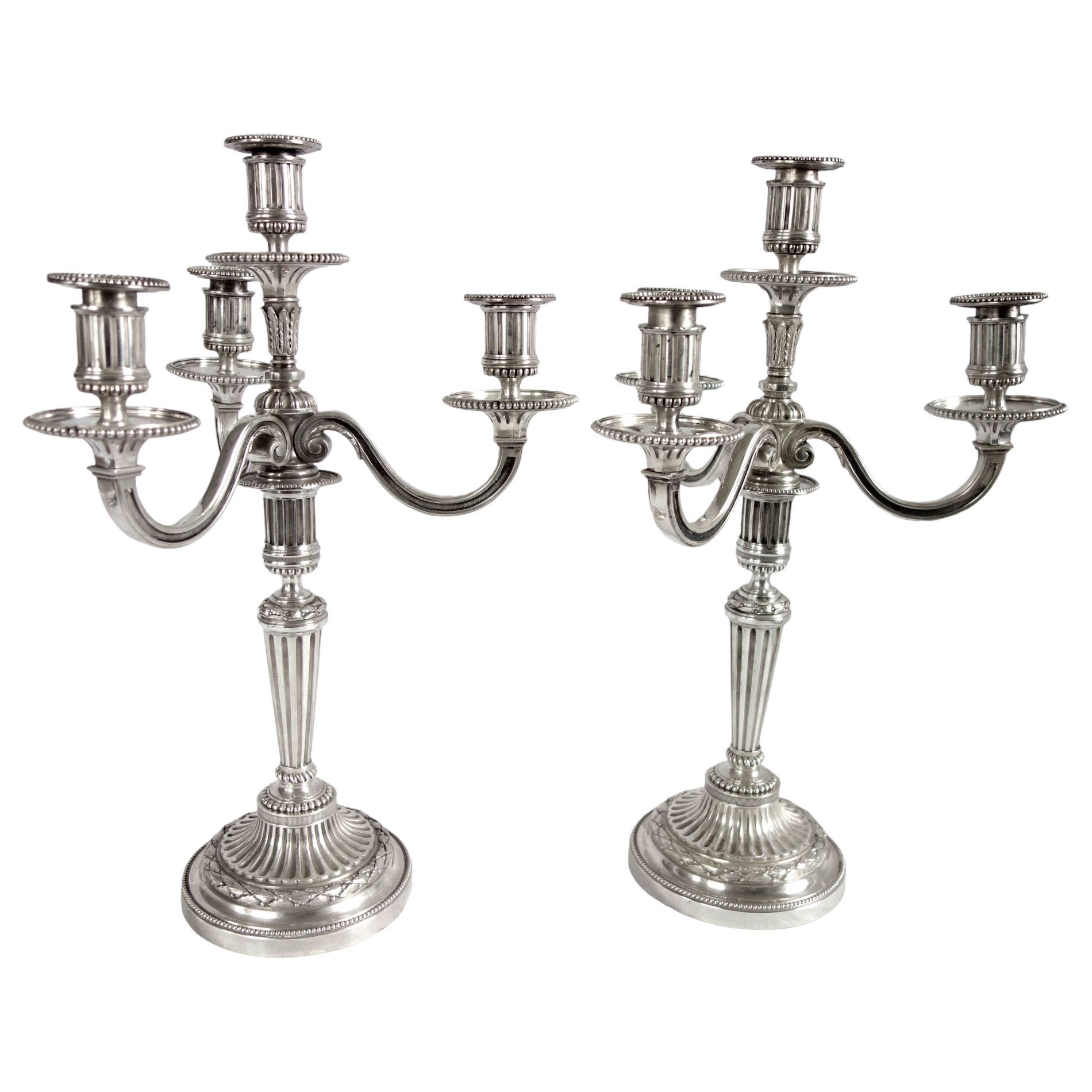 Pair of tall Louis XVI style silverplate bronze 4-lights candelabras