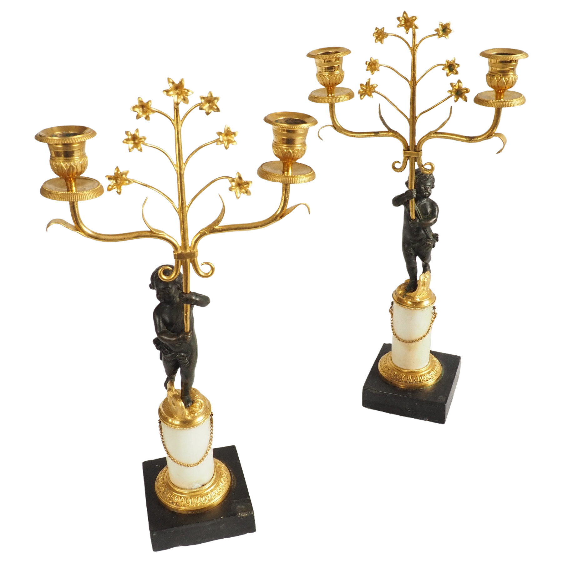 Paire de candélabres en bronze doré et marbre d'époque Empire Restauration