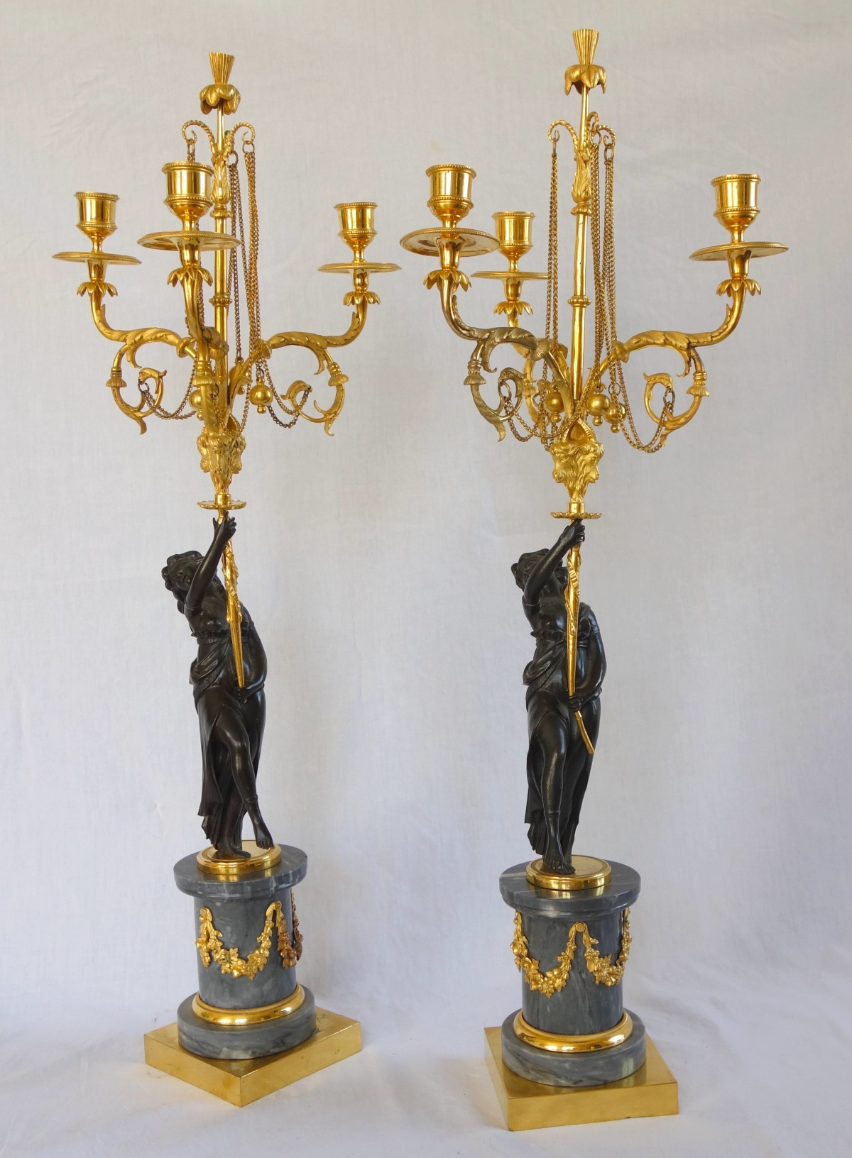 Detail — Pair of Louis XVI ormolu, patinated bronze and marble candelabras - 18th century