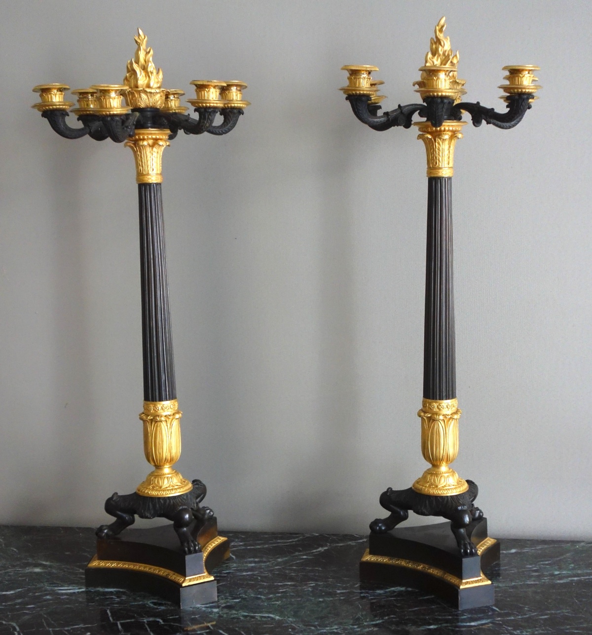 Detail — Pair of tall 6-lights candelabras, patinated bronze and ormolu - Empire period