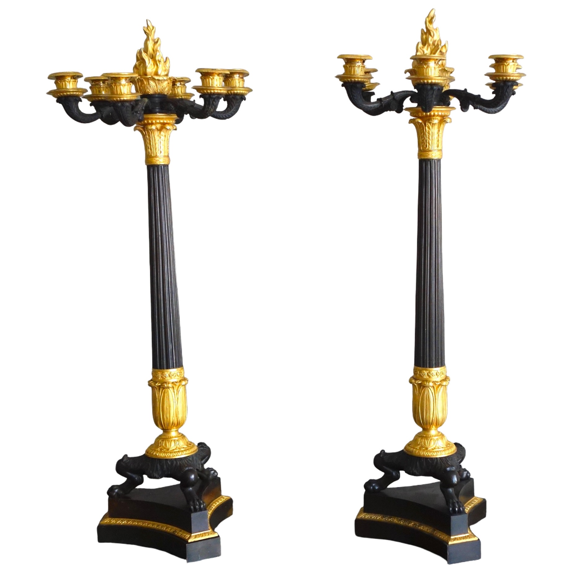 Pair of tall 6-lights candelabras, patinated bronze and ormolu - Empire period
