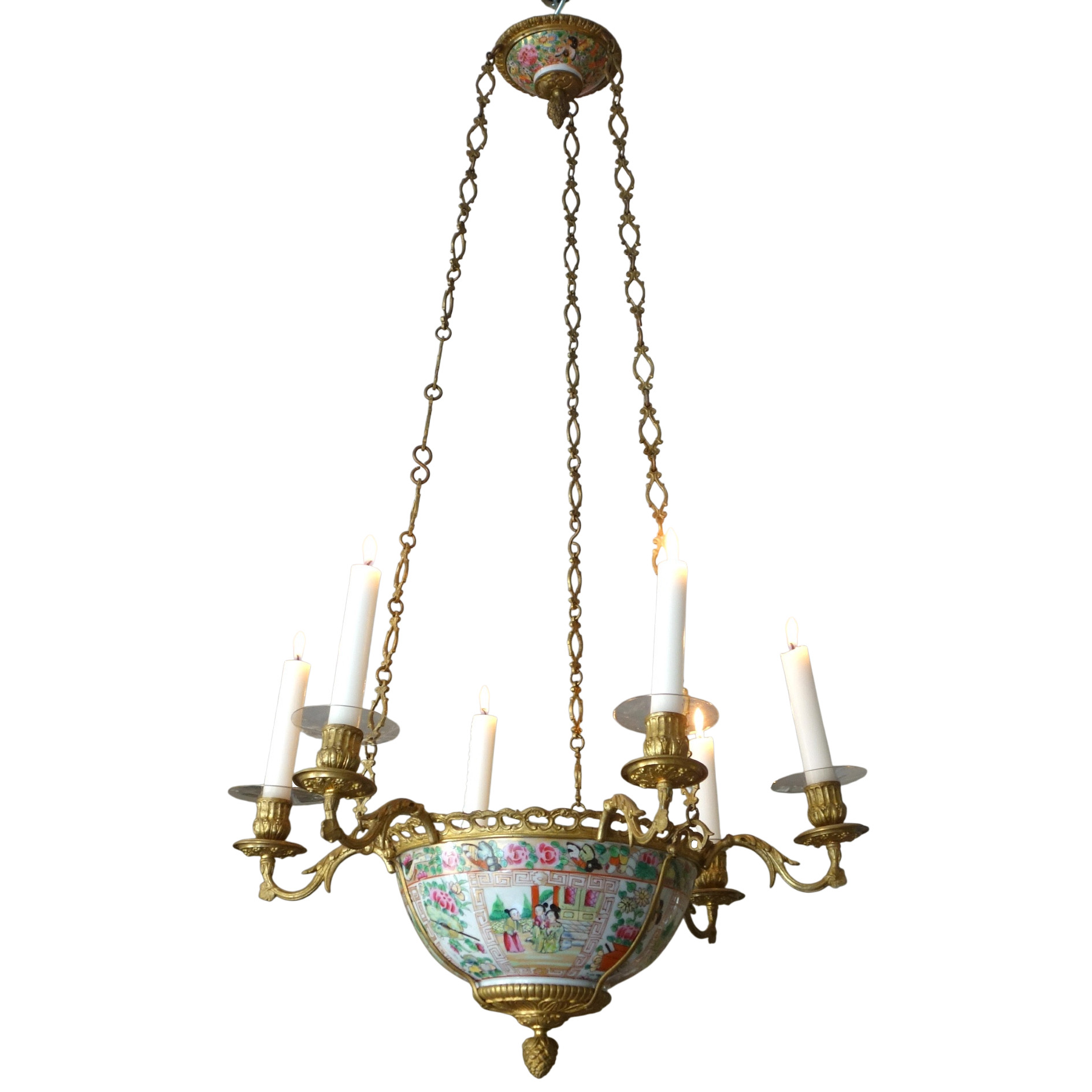 Suspension lustre en porcelaine de Chine - Canton et bronze doré d'époque XIXe siècle