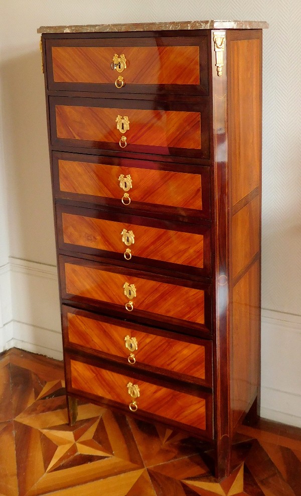 Detail — Rosewood and violet Louis XVI semainier, stamped by Dusautoy, 18th century