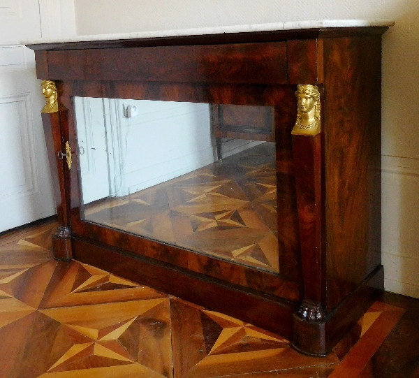 Détail — Commode buffet en acajou Empire Retour d'Egypte, fond de glace au mercure