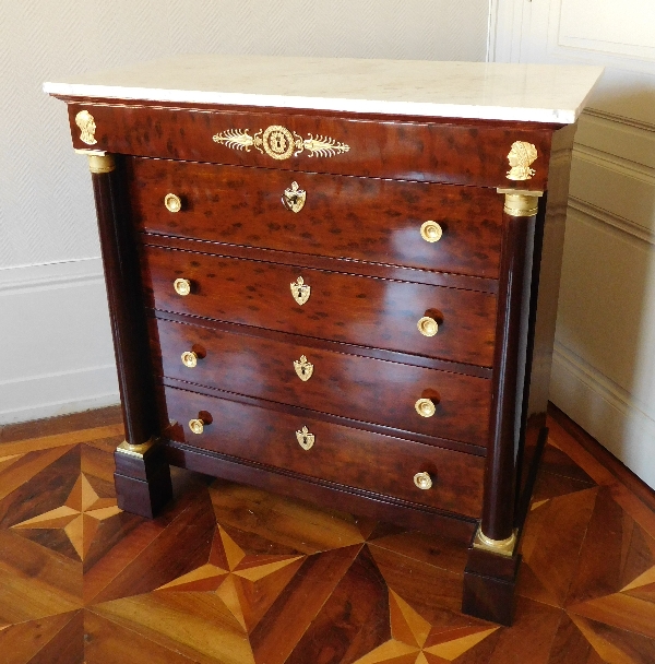 Détail — Molitor : commode secrétaire à secrets en acajou moucheté d'époque Empire, estampillée