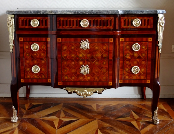 Detail — Pierre Macret : marquetry commode / chest of drawers, 18th century circa 1775 - stamped