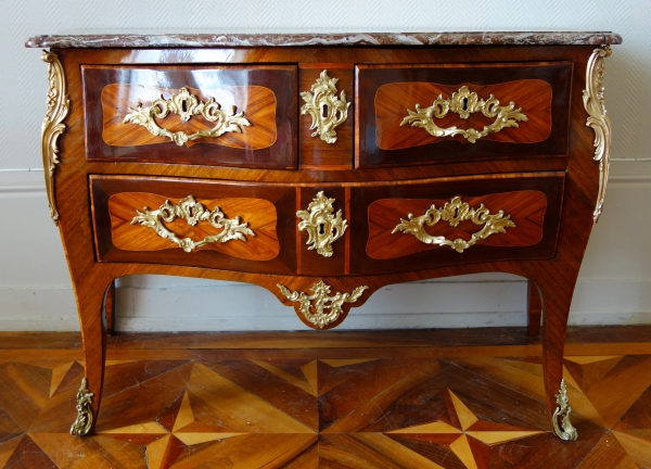 Detail — JB Galet - Louis XV marquetry commode, mid 18th century, stamped