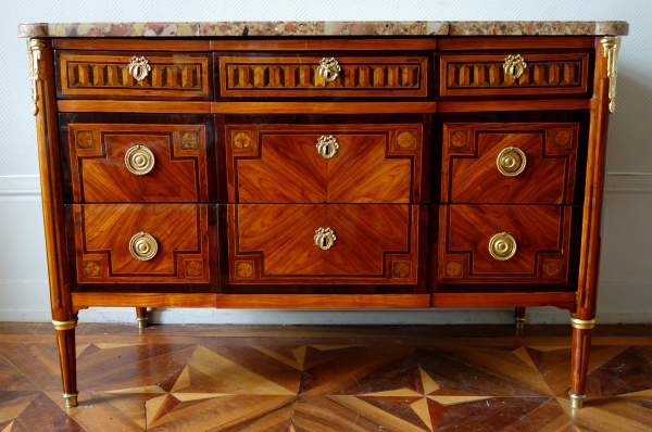 Detail — Louis XVI marquetry and ormolu commode, breche marble on top