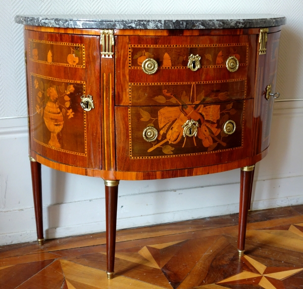 Detail — Louis XVI half-moon marquetry commode / chest of drawers, stamped - 18th century