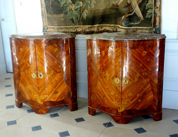 Détail — Paire d'encoignures d'époque Louis XV en marqueterie de bois de rose