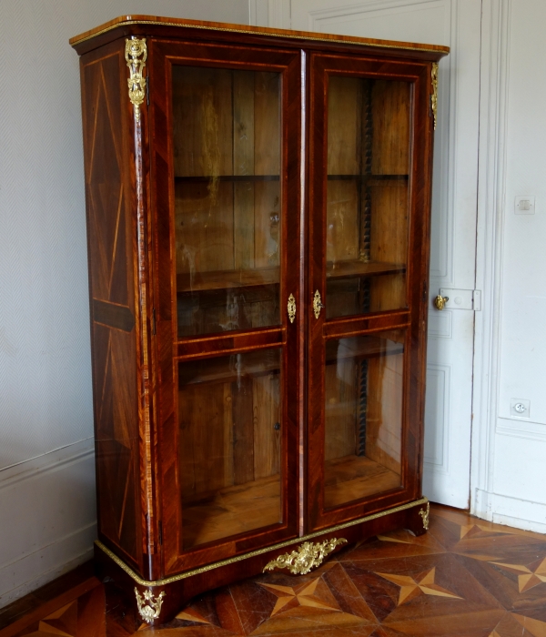 Detail — Regency / Louis XV marquetry display case / bookcase stamped Francois Garnier