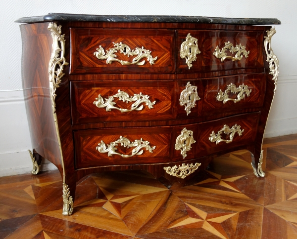 Detail — Jean Baptiste Hedouin : Louis XV violetwood marquetry and Portor marble commode - stamped