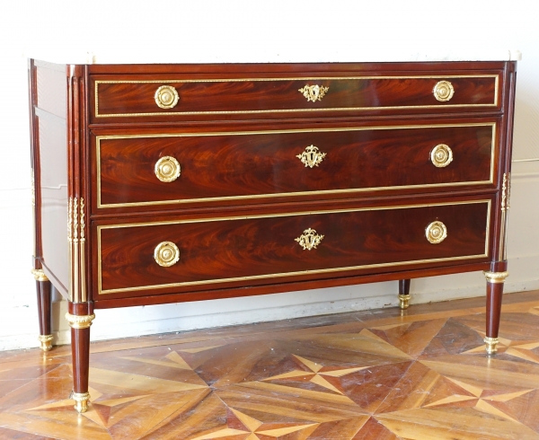 Detail — Stockel : Louis XVI mahogany & ormolu chest of drawers - late 18th century - stamped