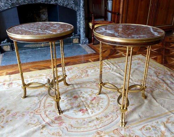 Detail — Pair of bronze, marble and mahogany pedestal tables after Weisweiler, Louis XVI style
