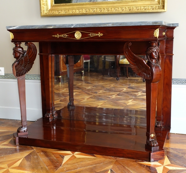 Détail — Console d'époque Consulat en acajou flammé, attribuée à Molitor - bronzes dorés au mercure