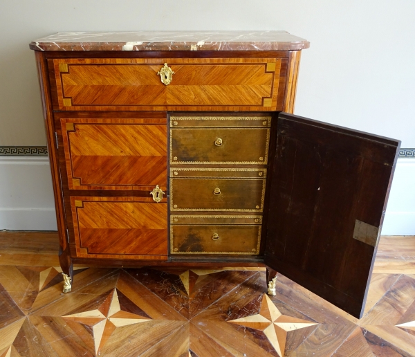 Detail — Marquetry sideboard fit with carton boxes inside, 18th century