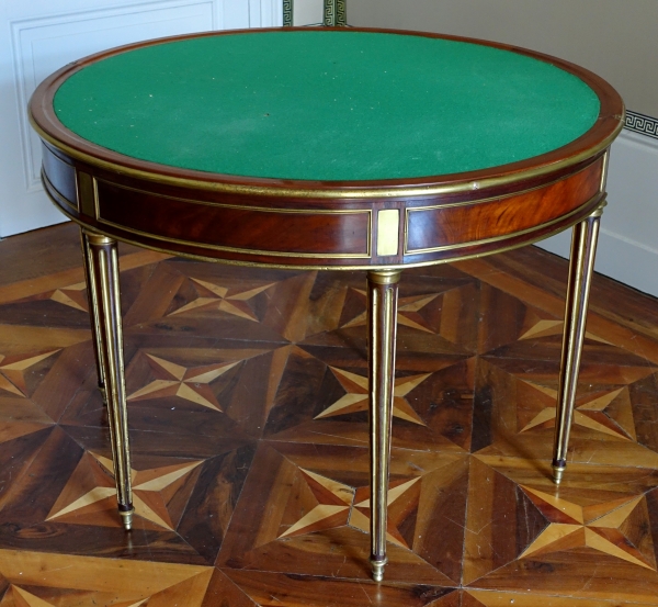 Detail — Mahogany half moon shaped game table, Louis XVI period, late 18th century