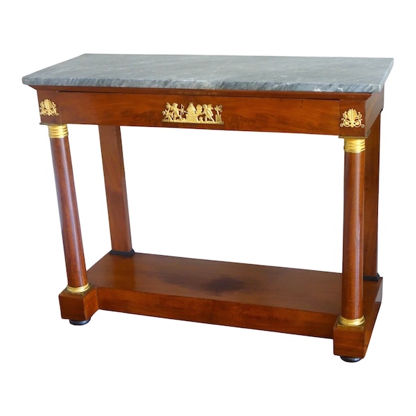 Console à colonnes en acajou, bronzes dorés au mercure, marbre bleu tigré - époque Empire