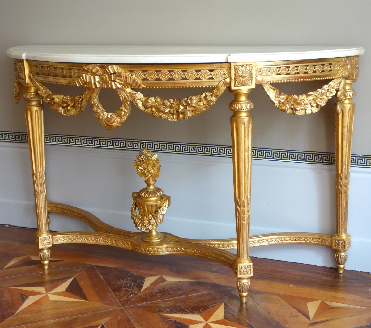 Detail — Large gilt wood half-moon shaped console, Louis XVI period, 18th century