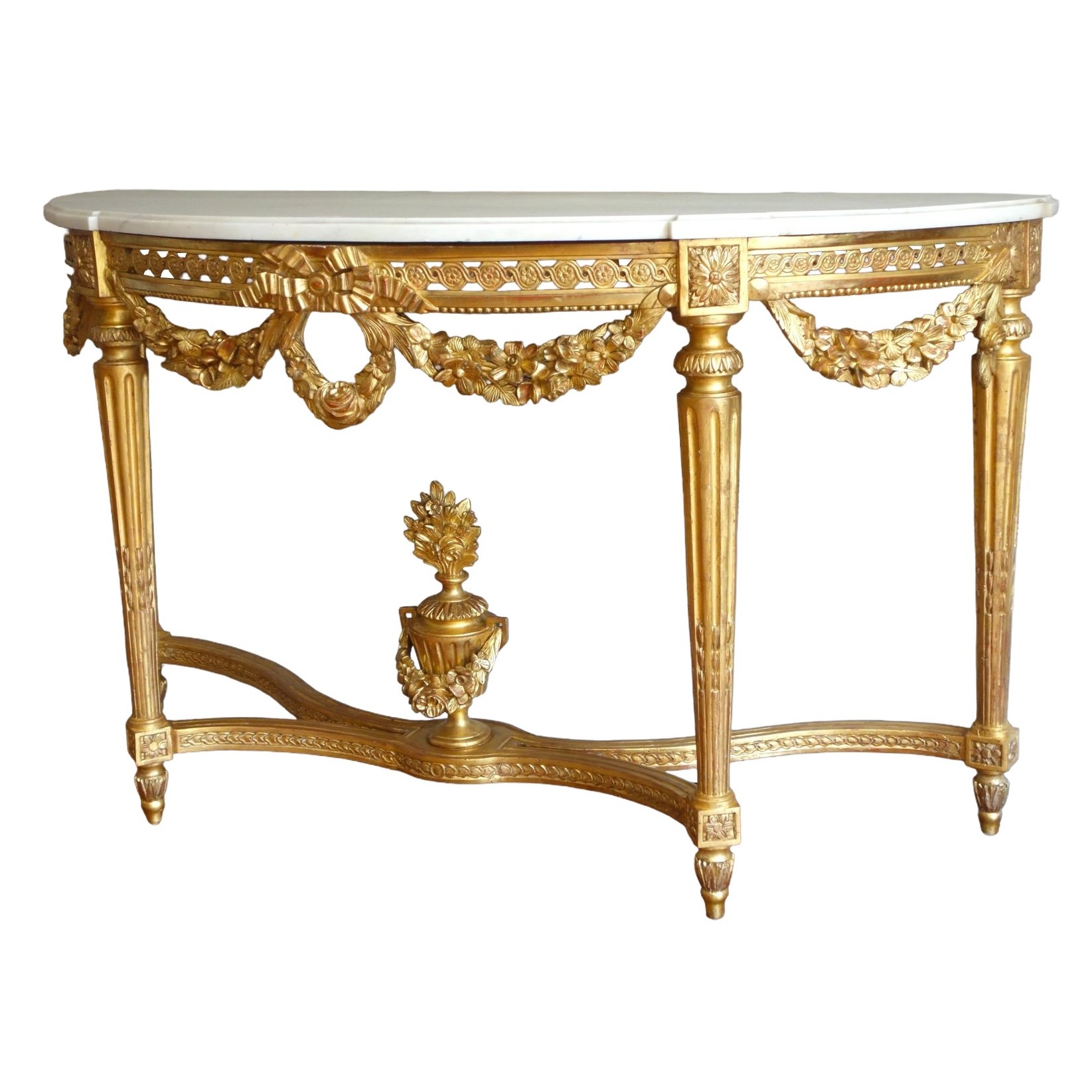 Importante console demi-lune d'époque Louis XVI en bois sculpté et doré - 145cm