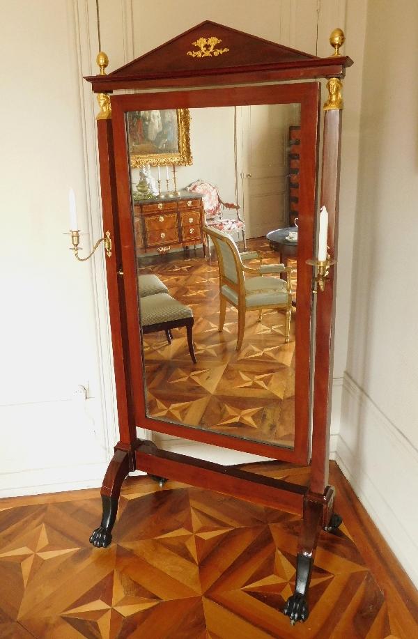 Détail — Miroir psyché en acajou et bronze doré, glace au mercure, époque Consulat - Retour d'Egypte