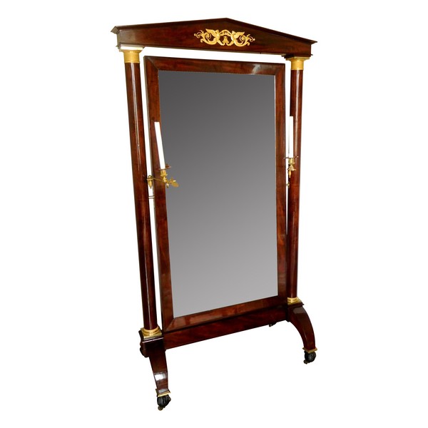 Miroir psyché en acajou et bronze doré au mercure, glace au mercure, époque Empire début XIXe